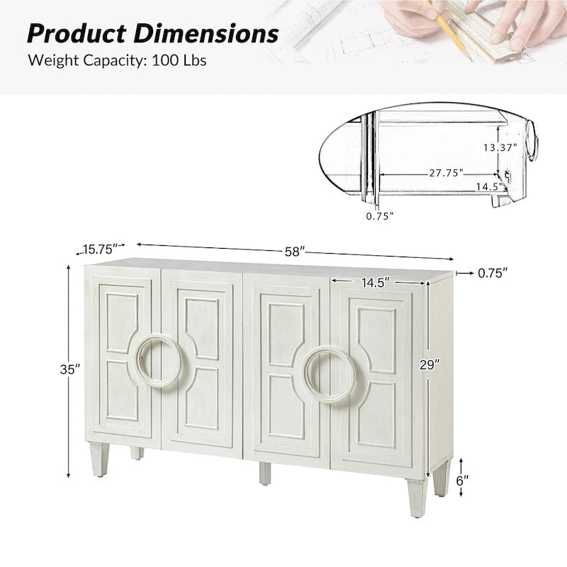 Connie 58 Buffet contemporain avec poignées de porte rondes en bois massif