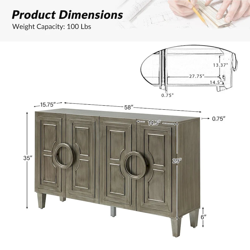 Connie 58 Buffet contemporain avec poignées de porte rondes en bois massif
