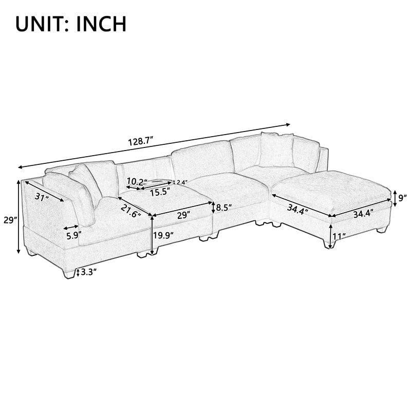 Canapé modulable avec pouf de rangement amovible, 2 porte-gobelets cachés