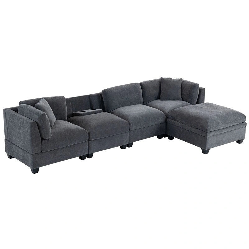 Canapé modulable avec pouf de rangement amovible, 2 porte-gobelets cachés