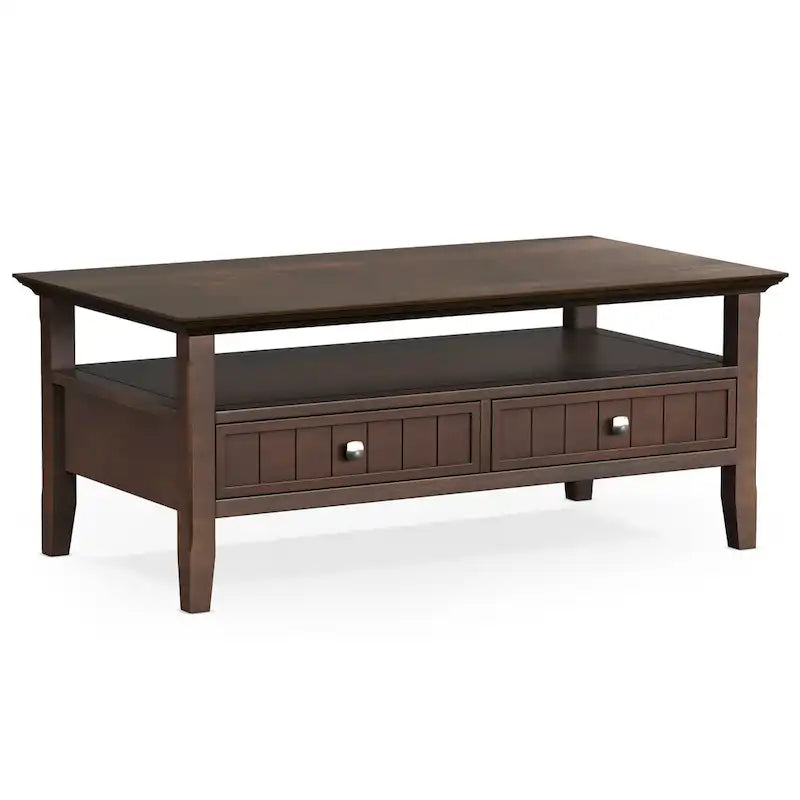 Table basse rectangulaire de 48 pouces de large Normandy en bois massif avec tiroir, style transitionnel, couleur brun foncé