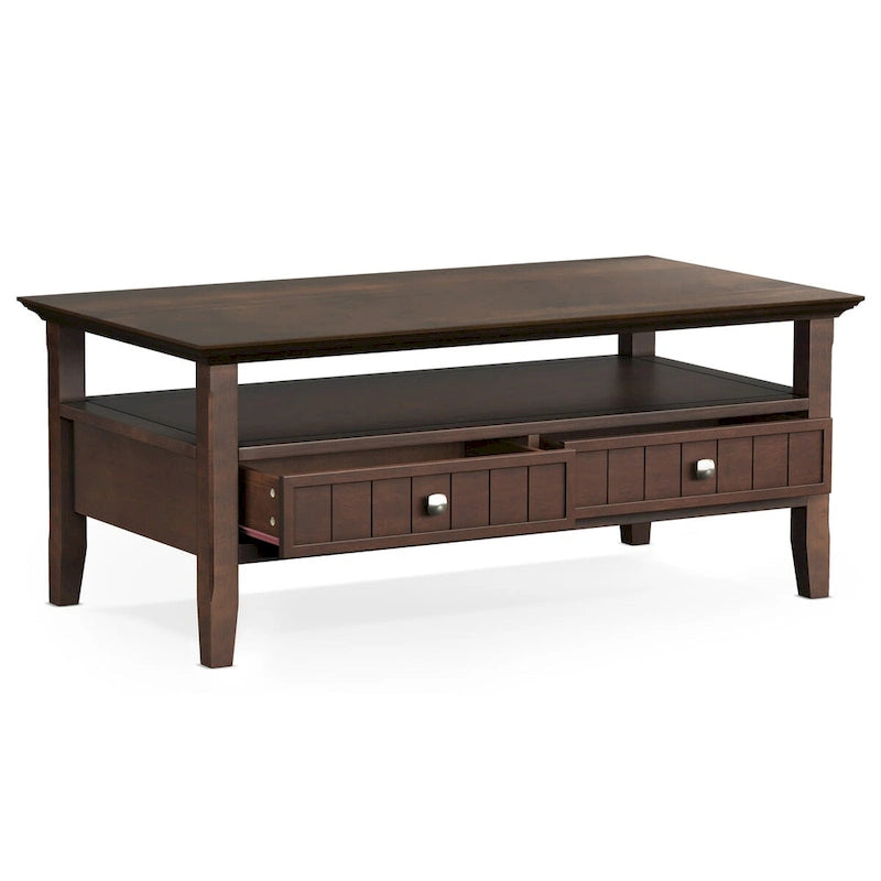 Table basse rectangulaire de 48 pouces de large Normandy en bois massif avec tiroir, style transitionnel, couleur brun foncé
