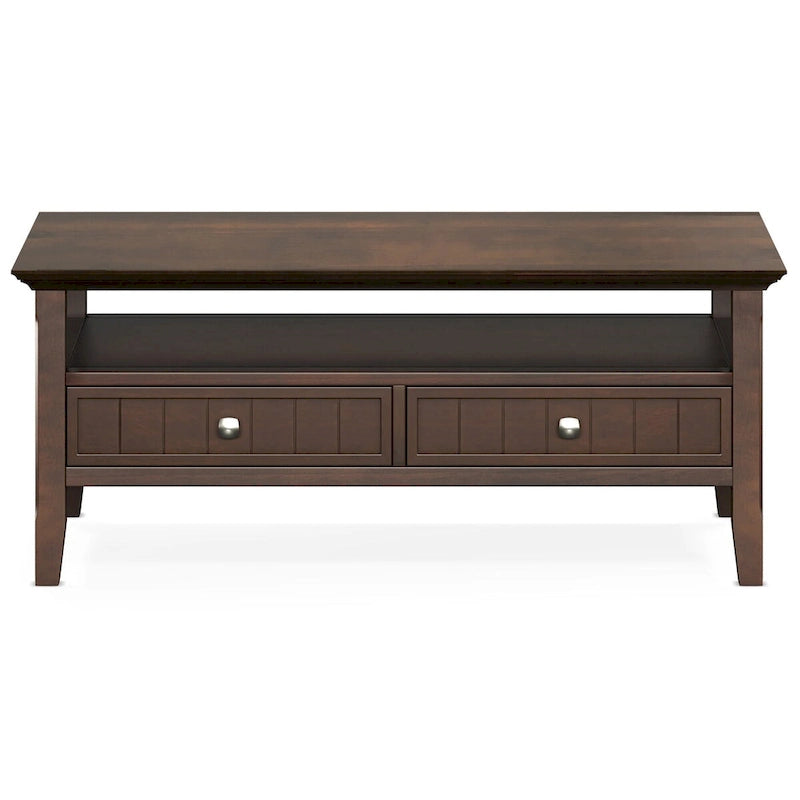Table basse rectangulaire de 48 pouces de large Normandy en bois massif avec tiroir, style transitionnel, couleur brun foncé