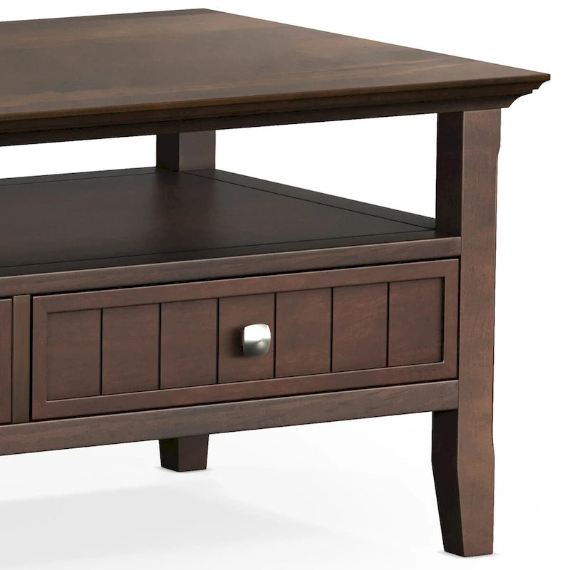 Table basse rectangulaire de 48 pouces de large Normandy en bois massif avec tiroir, style transitionnel, couleur brun foncé