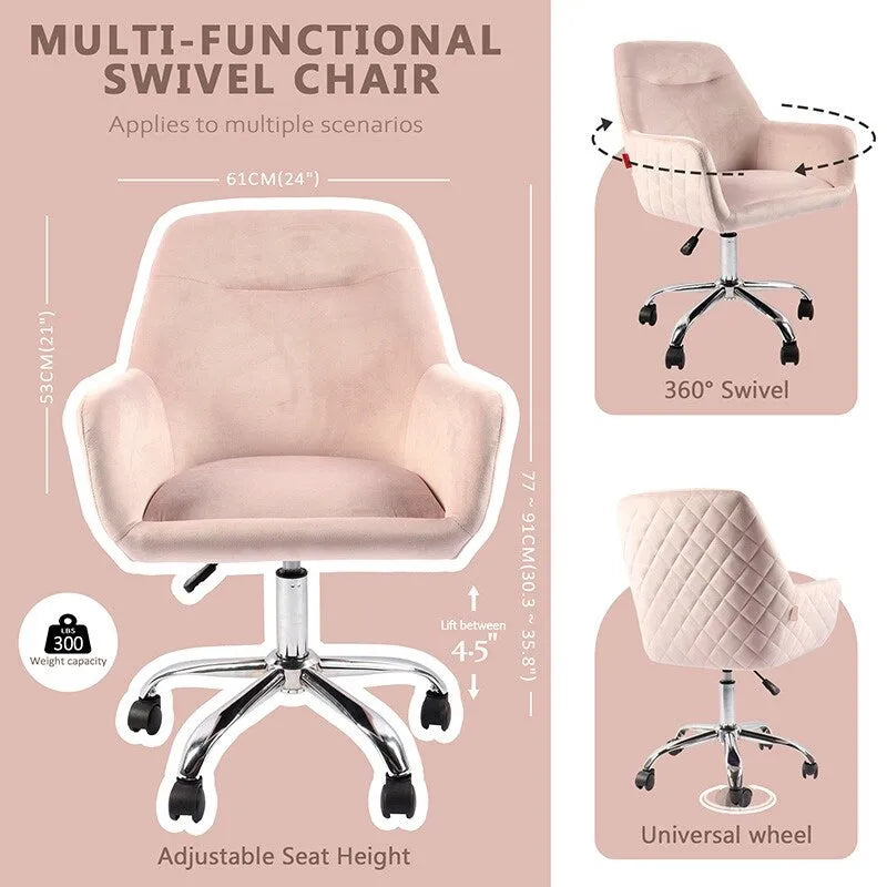 Fauteuil d'appoint Chaise de coiffeuse pivotante Chaise de bureau à roulettes Moderne Réglable en hauteur Rose/Gris/Blanc