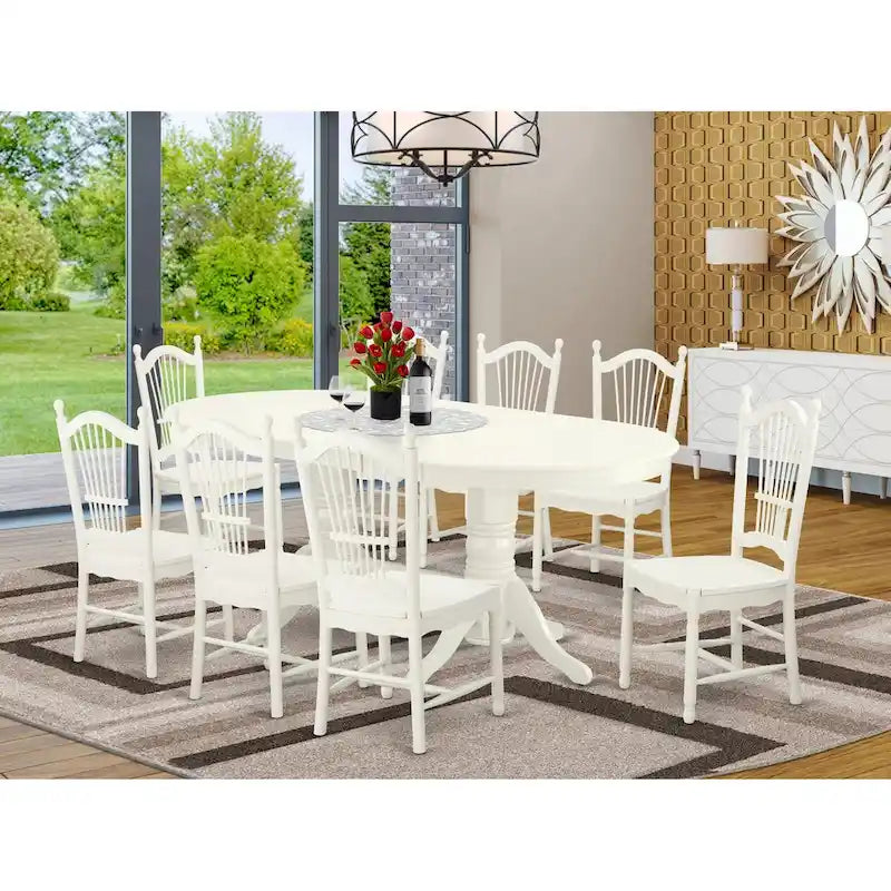 Table de salle à manger ovale et chaises à assise en bois, Blanc Lin