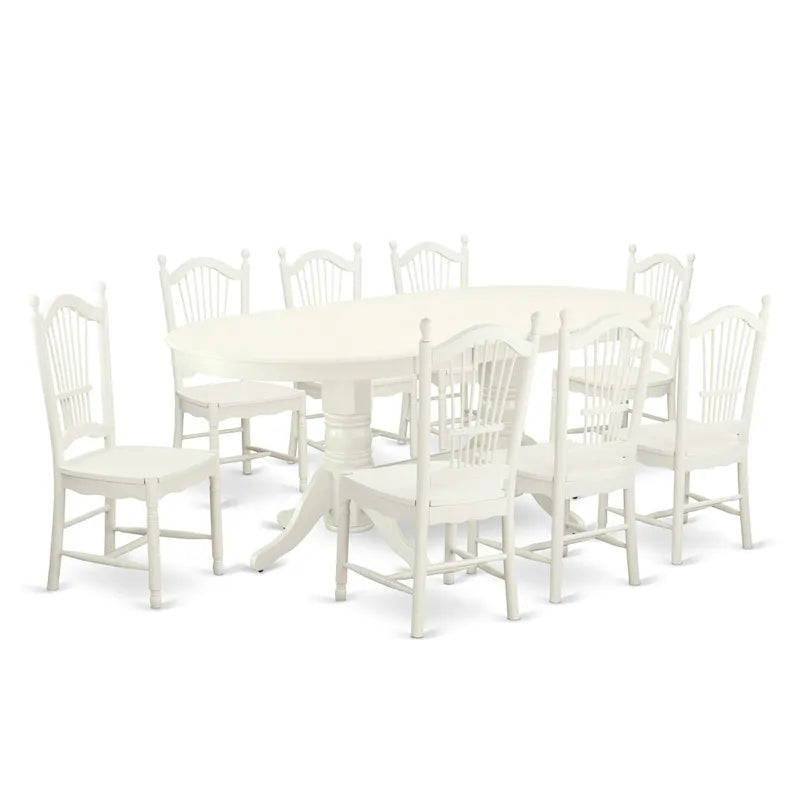 Table de salle à manger ovale et chaises à assise en bois, Blanc Lin