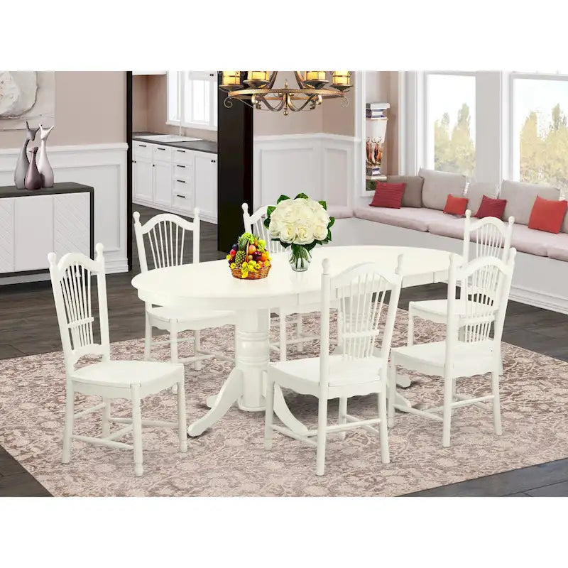 Table de salle à manger ovale et chaises à assise en bois, Blanc Lin