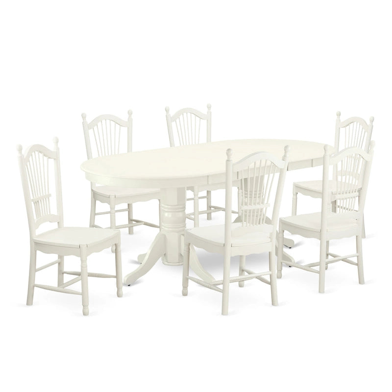 Table de salle à manger ovale et chaises à assise en bois, Blanc Lin