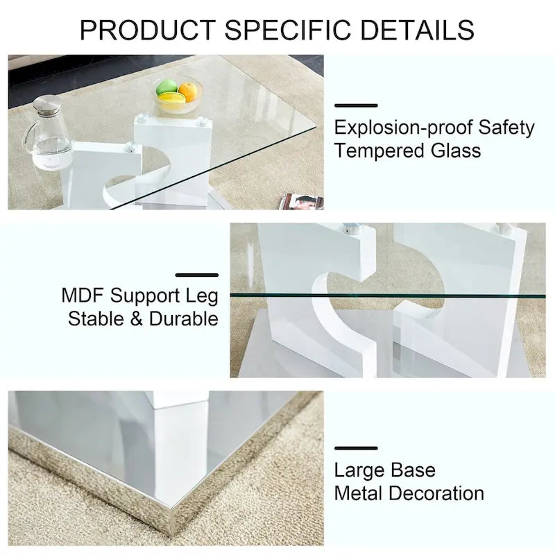 Une table basse rectangulaire moderne et tendance avec un plateau en verre trempé et des pieds en MDF blanc