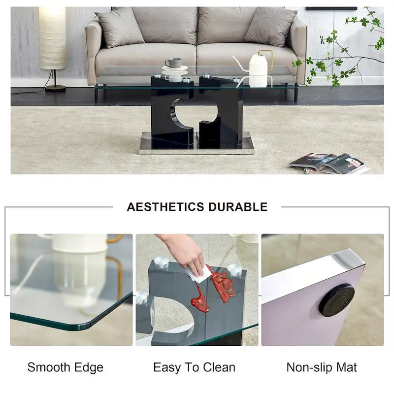 Une table basse rectangulaire moderne et tendance avec un plateau en verre trempé et des pieds en MDF blanc