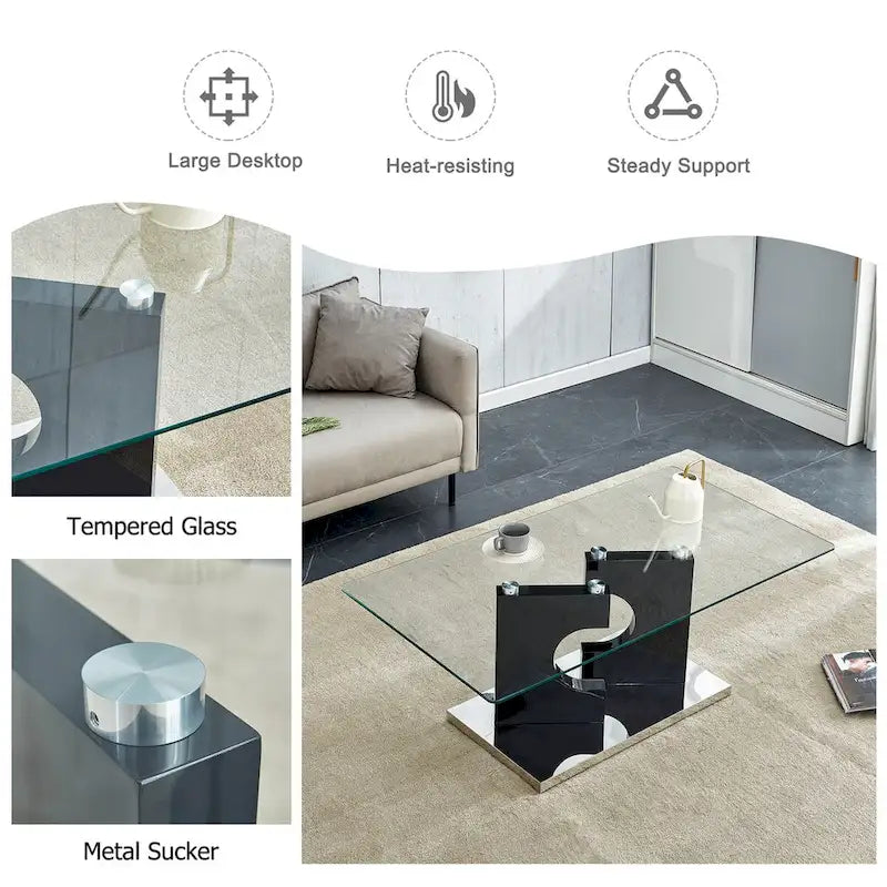 Une table basse rectangulaire moderne et tendance avec un plateau en verre trempé et des pieds en MDF blanc