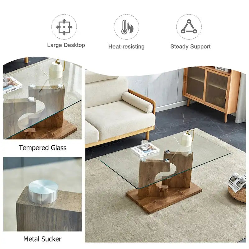 Une table basse rectangulaire moderne et tendance avec un plateau en verre trempé et des pieds en MDF blanc