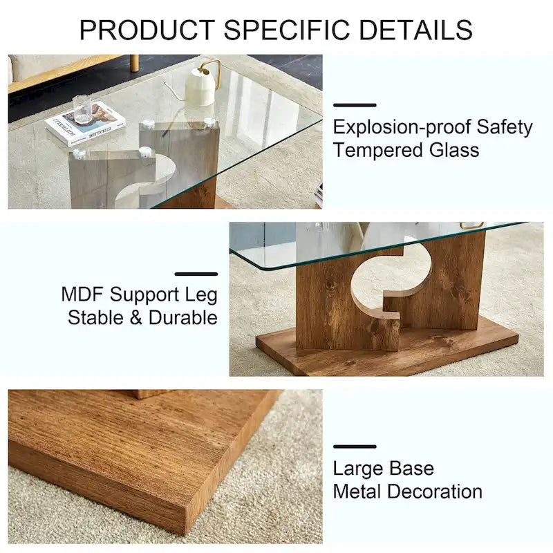 Une table basse rectangulaire moderne et tendance avec un plateau en verre trempé et des pieds en MDF blanc