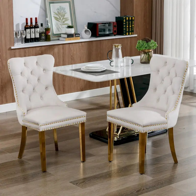 Chaise de salle à manger contemporaine haut de gamme en velours capitonnée en bois massif avec pieds plaqués en acier inoxydable doré