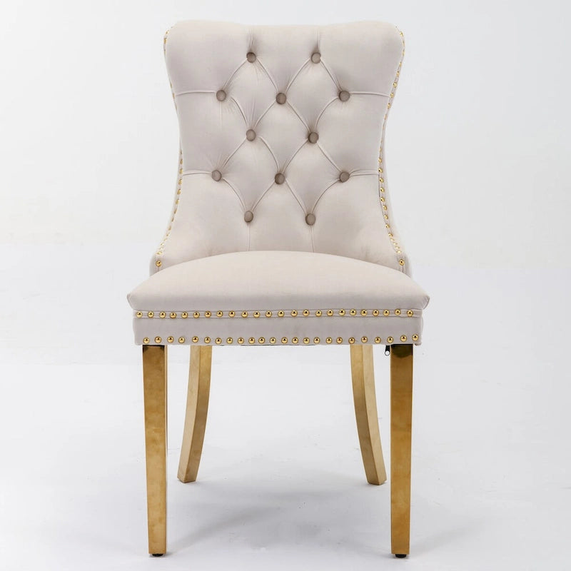 Chaise de salle à manger contemporaine haut de gamme en velours capitonnée en bois massif avec pieds plaqués en acier inoxydable doré