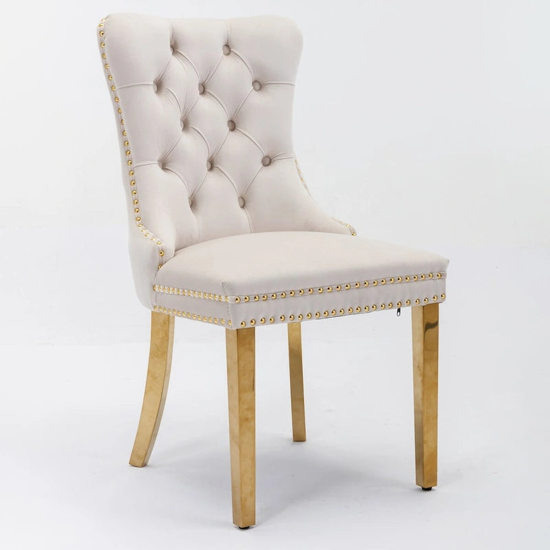 Chaise de salle à manger contemporaine haut de gamme en velours capitonnée en bois massif avec pieds plaqués en acier inoxydable doré