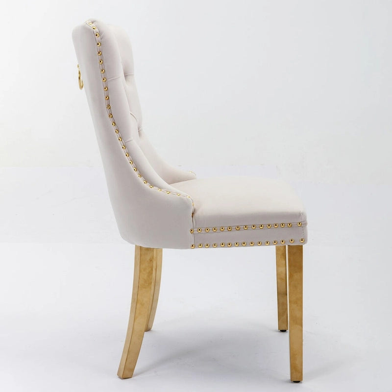 Chaise de salle à manger contemporaine haut de gamme en velours capitonnée en bois massif avec pieds plaqués en acier inoxydable doré