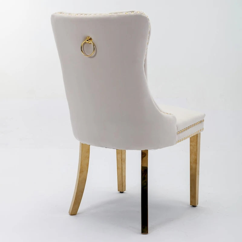 Chaise de salle à manger contemporaine haut de gamme en velours capitonnée en bois massif avec pieds plaqués en acier inoxydable doré