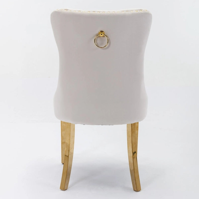 Chaise de salle à manger contemporaine haut de gamme en velours capitonnée en bois massif avec pieds plaqués en acier inoxydable doré