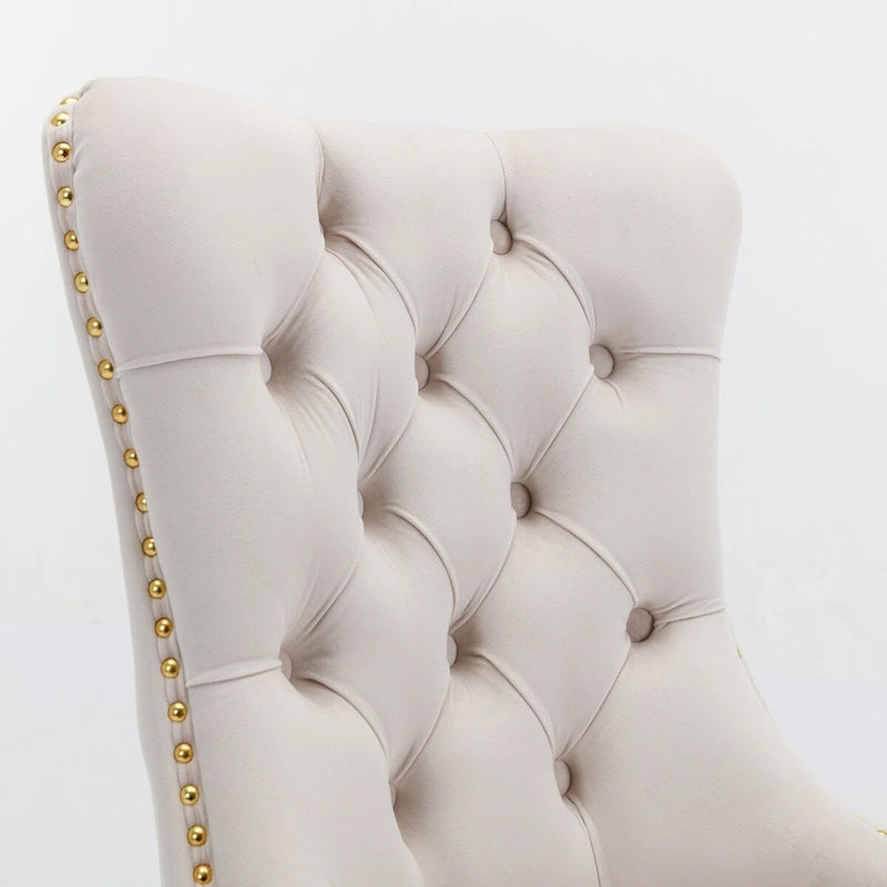 Chaise de salle à manger contemporaine haut de gamme en velours capitonnée en bois massif avec pieds plaqués en acier inoxydable doré