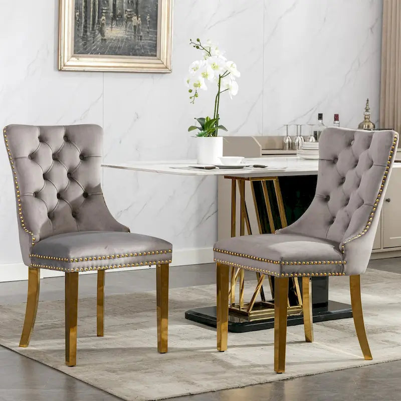 Chaise de salle à manger contemporaine haut de gamme en velours capitonnée en bois massif avec pieds plaqués en acier inoxydable doré