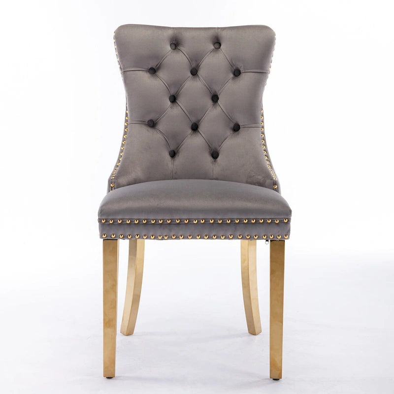 Chaise de salle à manger contemporaine haut de gamme en velours capitonnée en bois massif avec pieds plaqués en acier inoxydable doré