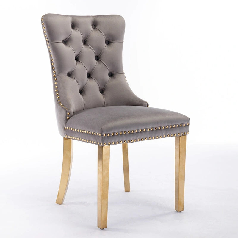 Chaise de salle à manger contemporaine haut de gamme en velours capitonnée en bois massif avec pieds plaqués en acier inoxydable doré
