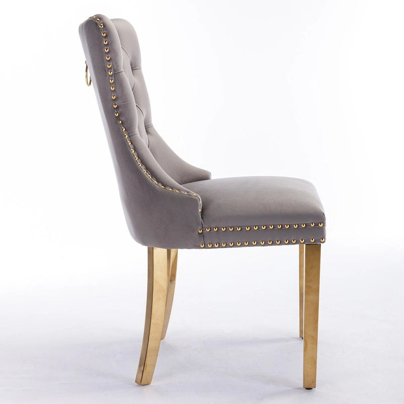 Chaise de salle à manger contemporaine haut de gamme en velours capitonnée en bois massif avec pieds plaqués en acier inoxydable doré