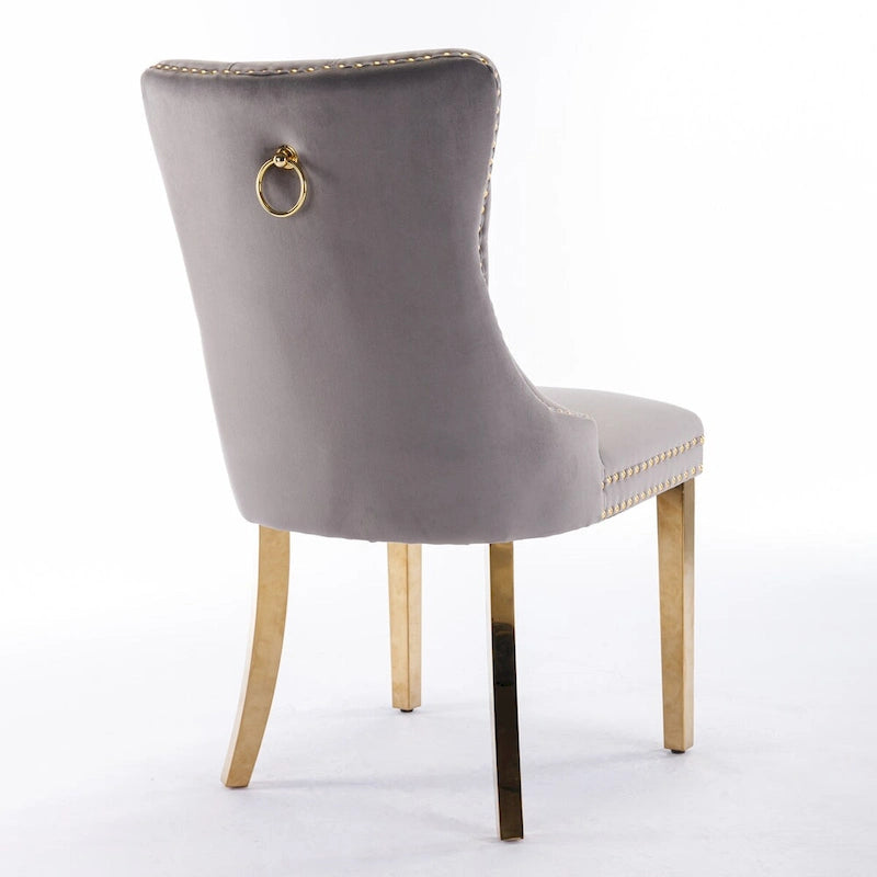 Chaise de salle à manger contemporaine haut de gamme en velours capitonnée en bois massif avec pieds plaqués en acier inoxydable doré