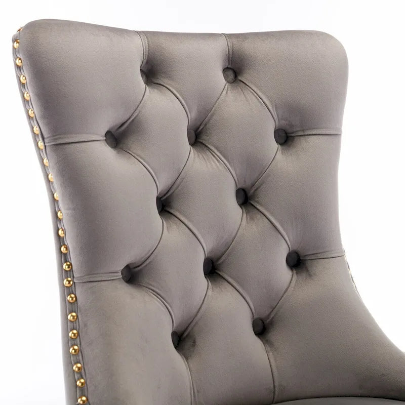 Chaise de salle à manger contemporaine haut de gamme en velours capitonnée en bois massif avec pieds plaqués en acier inoxydable doré