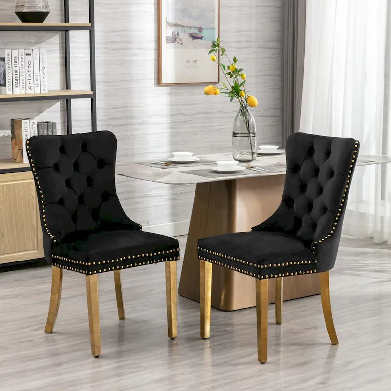 Chaise de salle à manger contemporaine haut de gamme en velours capitonnée en bois massif avec pieds plaqués en acier inoxydable doré