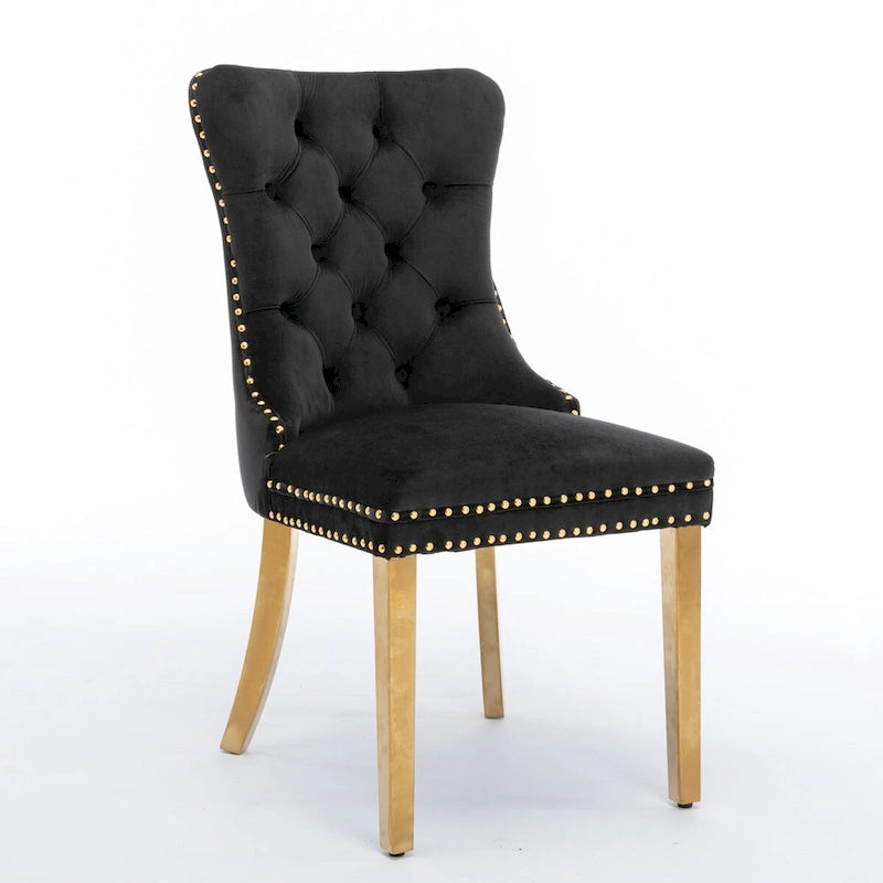 Chaise de salle à manger contemporaine haut de gamme en velours capitonnée en bois massif avec pieds plaqués en acier inoxydable doré