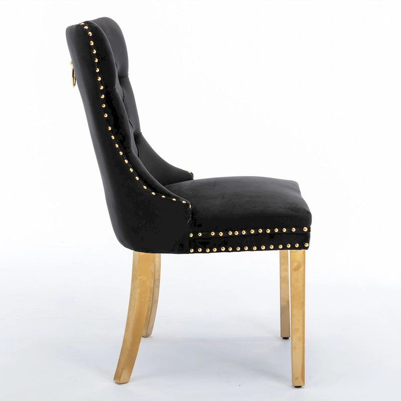 Chaise de salle à manger contemporaine haut de gamme en velours capitonnée en bois massif avec pieds plaqués en acier inoxydable doré