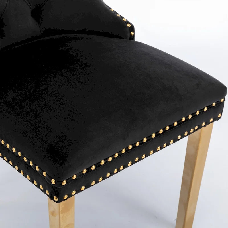 Chaise de salle à manger contemporaine haut de gamme en velours capitonnée en bois massif avec pieds plaqués en acier inoxydable doré