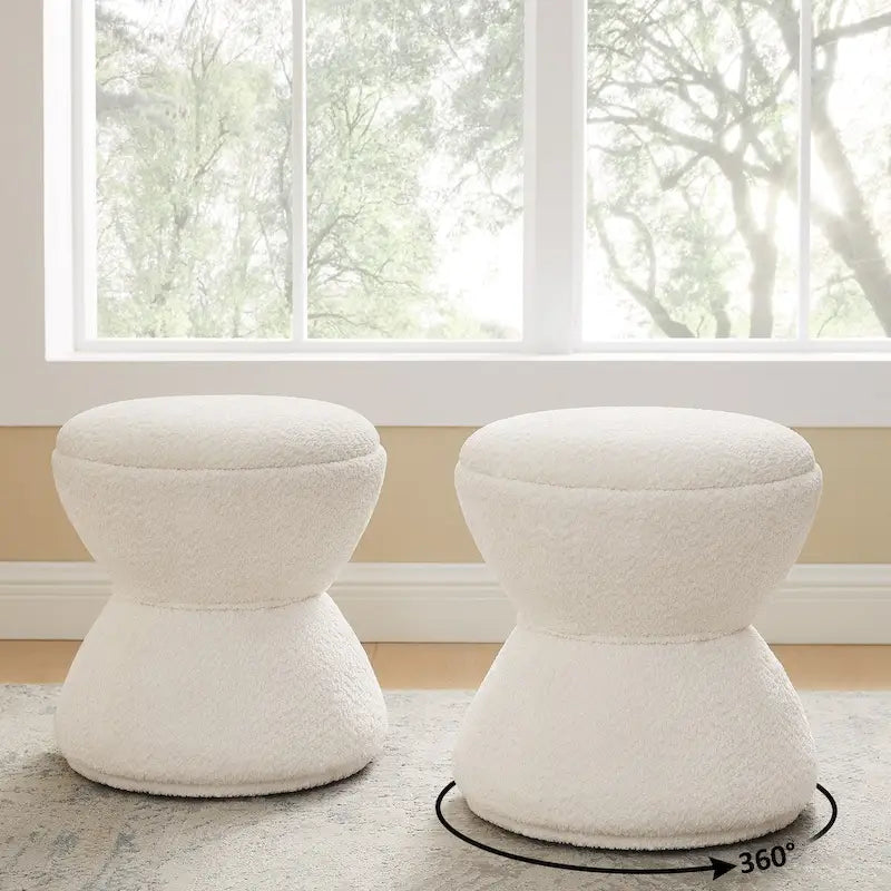 Pouf ottoman Djembe en tissu bouclé avec base pivotante, tabouret de coiffeuse pivotant pour salon, dressing