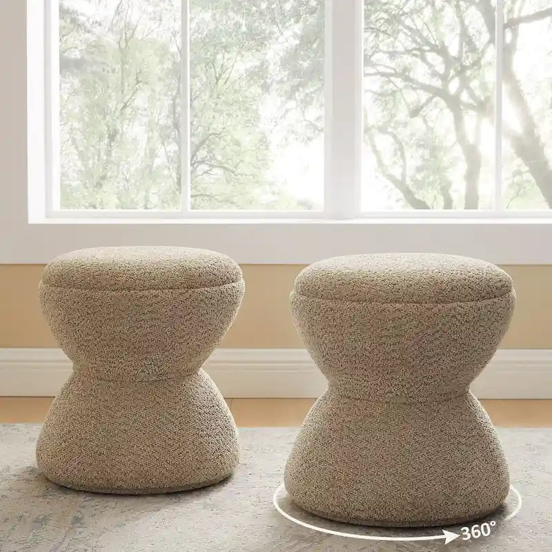 Pouf ottoman Djembe en tissu bouclé avec base pivotante, tabouret de coiffeuse pivotant pour salon, dressing