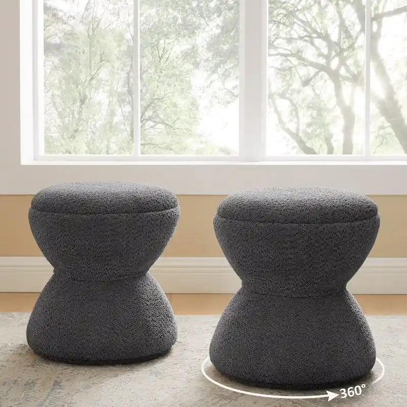 Pouf ottoman Djembe en tissu bouclé avec base pivotante, tabouret de coiffeuse pivotant pour salon, dressing
