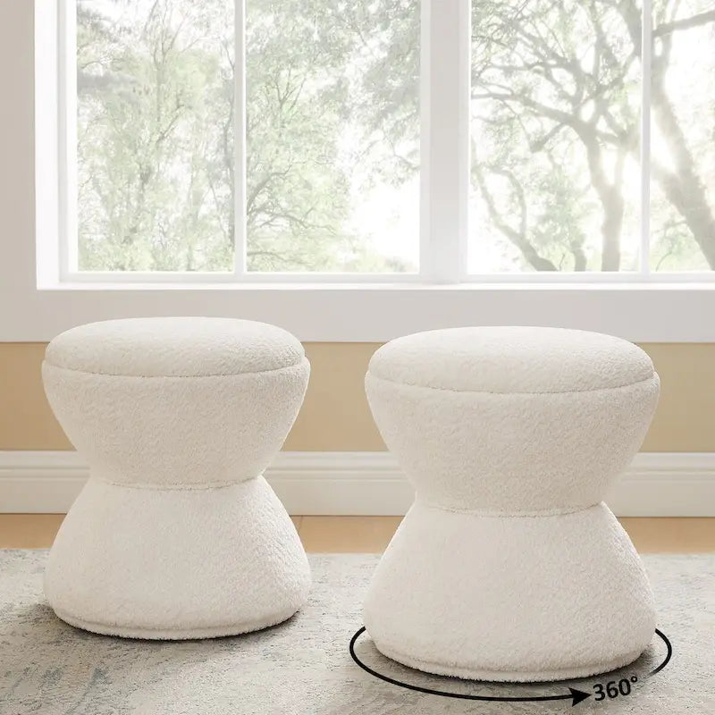 Pouf ottoman Djembe en tissu bouclé avec base pivotante, tabouret de coiffeuse pivotant pour salon, dressing