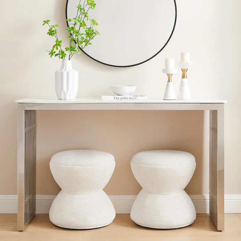 Pouf ottoman Djembe en tissu bouclé avec base pivotante, tabouret de coiffeuse pivotant pour salon, dressing
