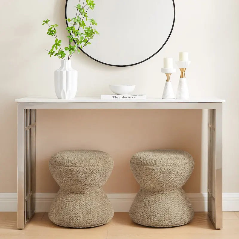 Pouf ottoman Djembe en tissu bouclé avec base pivotante, tabouret de coiffeuse pivotant pour salon, dressing