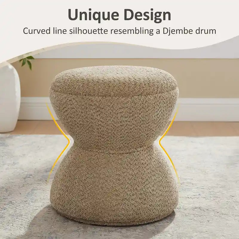 Pouf ottoman Djembe en tissu bouclé avec base pivotante, tabouret de coiffeuse pivotant pour salon, dressing