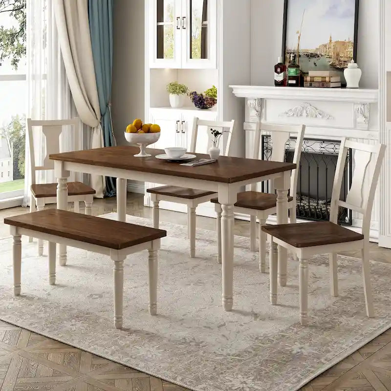 Ensemble de salle à manger classique 6 pièces Table en bois et 4 chaises avec banc
