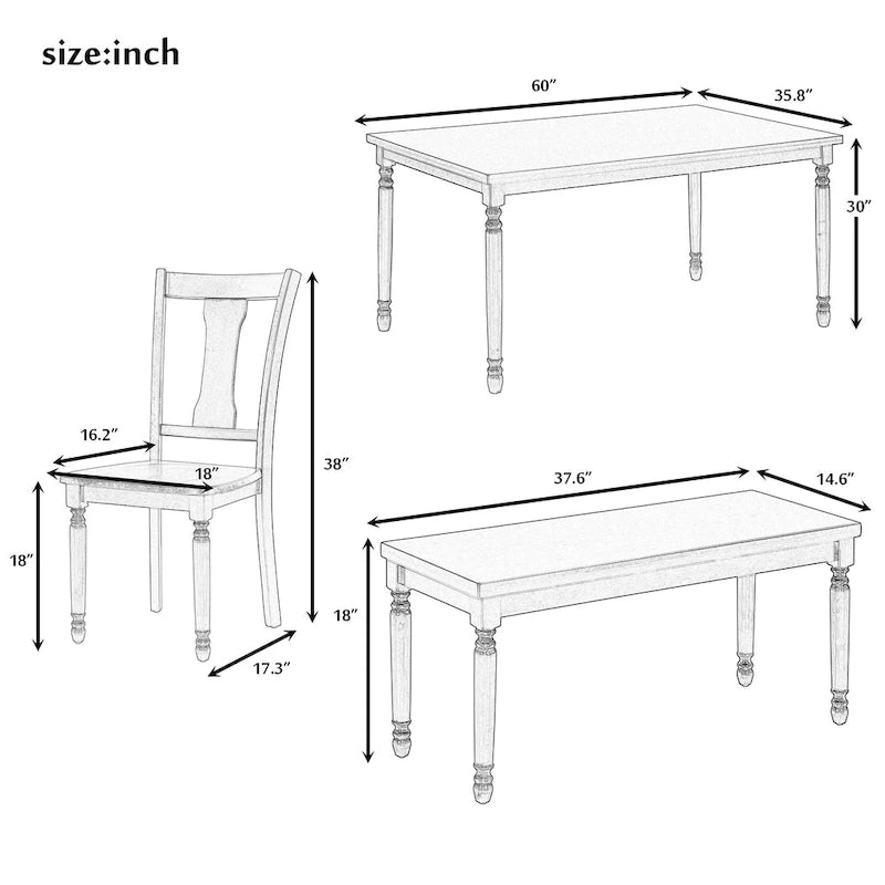 Ensemble de salle à manger classique 6 pièces Table en bois et 4 chaises avec banc
