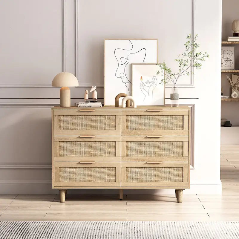 Armoire de rangement en rotin naturel à 6 tiroirs de 43,31 pouces pour chambre et salon