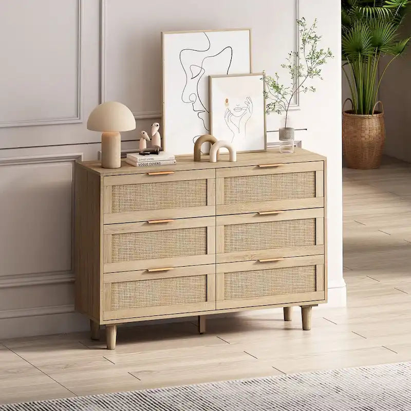 Armoire de rangement en rotin naturel à 6 tiroirs de 43,31 pouces pour chambre et salon