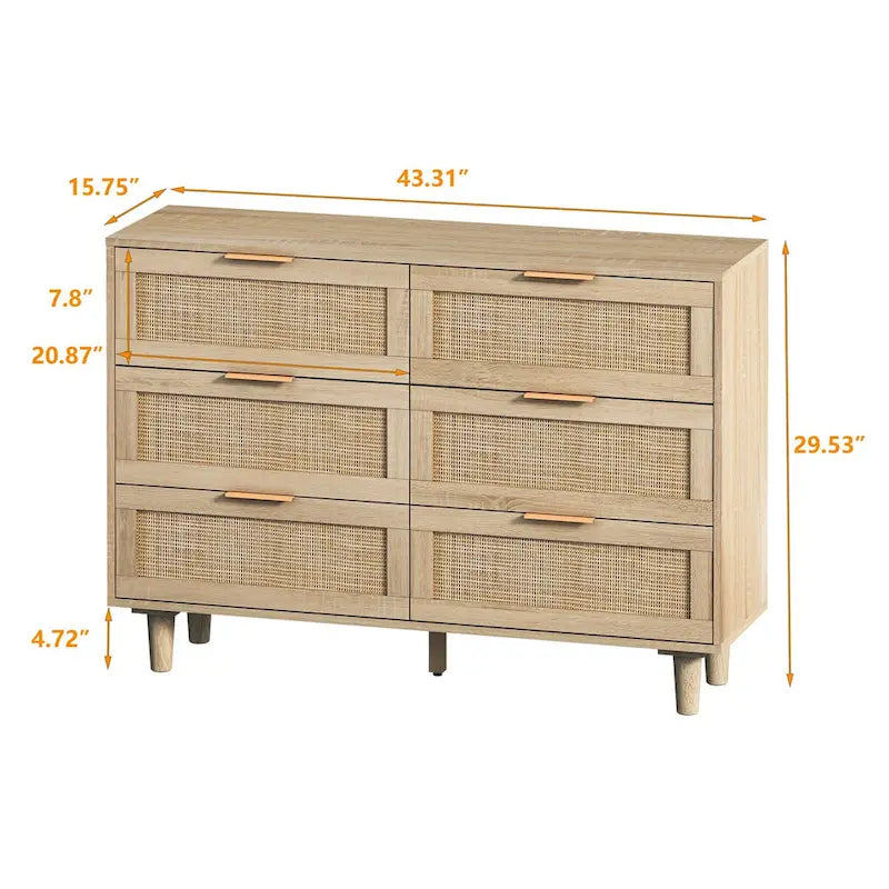Armoire de rangement en rotin naturel à 6 tiroirs de 43,31 pouces pour chambre et salon